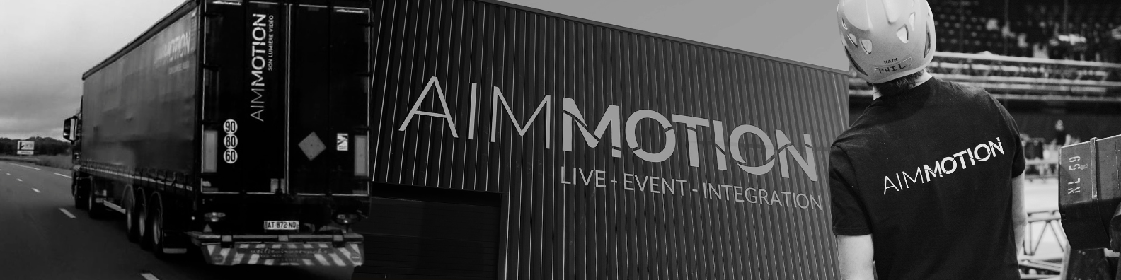 bannière aimmotion dans le à propos avec l'entrepôt, un salarié et un transporteur